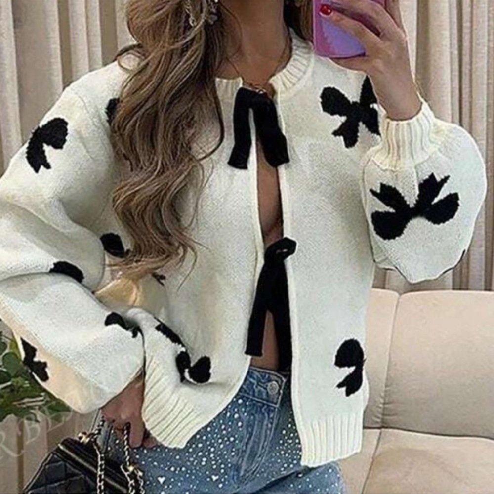 Classic Bow Print Knit Tie Front Oversized Cardigan XS S M L XL